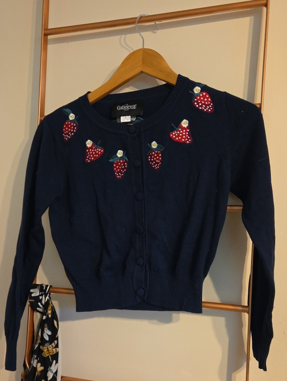 Collectif Navy Cardigan with Red Strawberry Embroidery